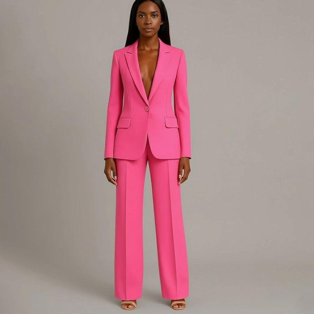 Women's Tailored Single-Button Blazer Pants Suit Set - Pink