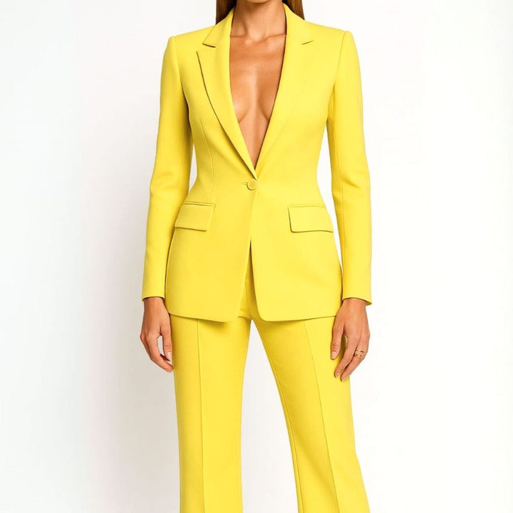 Women's Tailored Wide-Leg Blazer Suit Set - Yellow