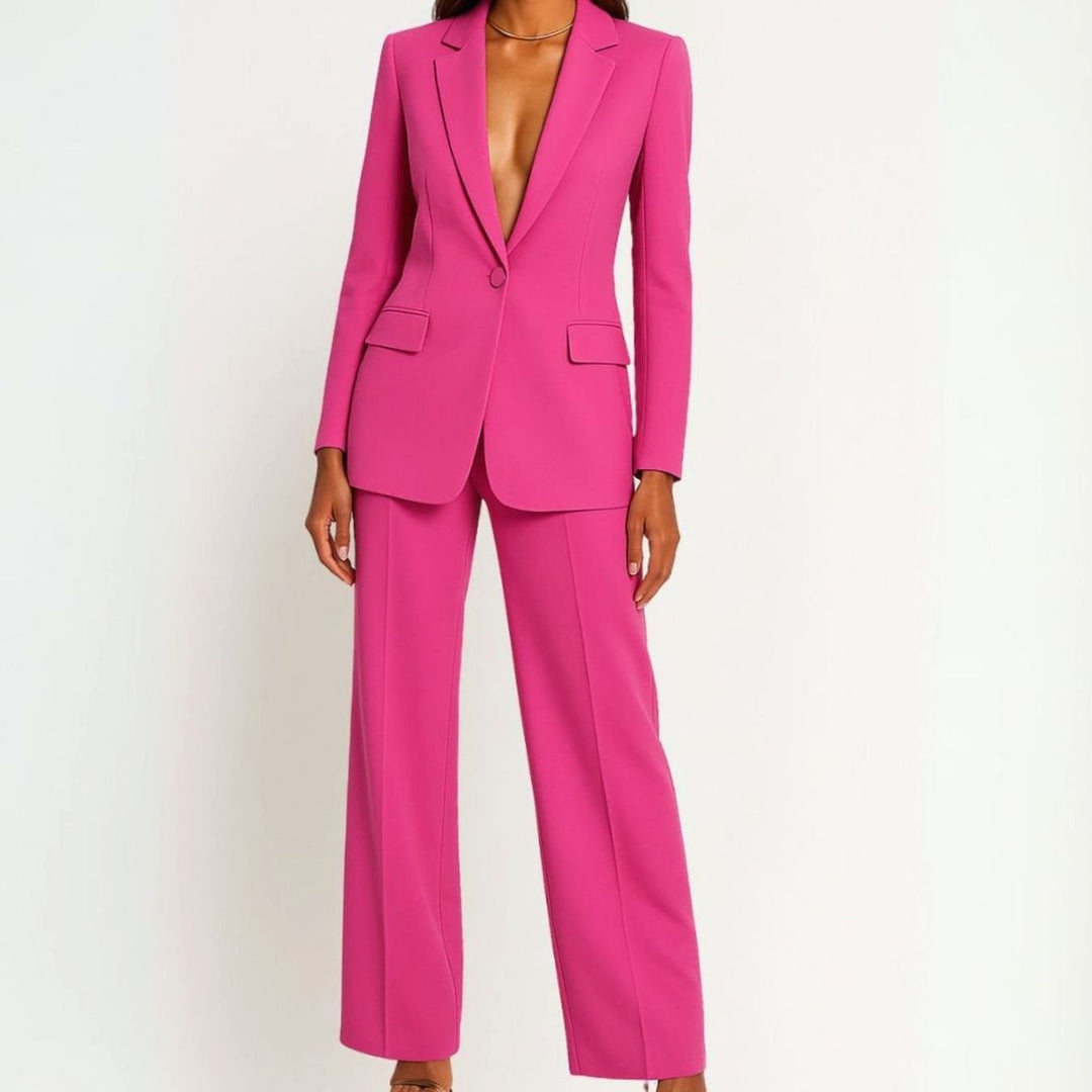 Women's Tailored Wide-Leg Blazer Suit Set - Pink