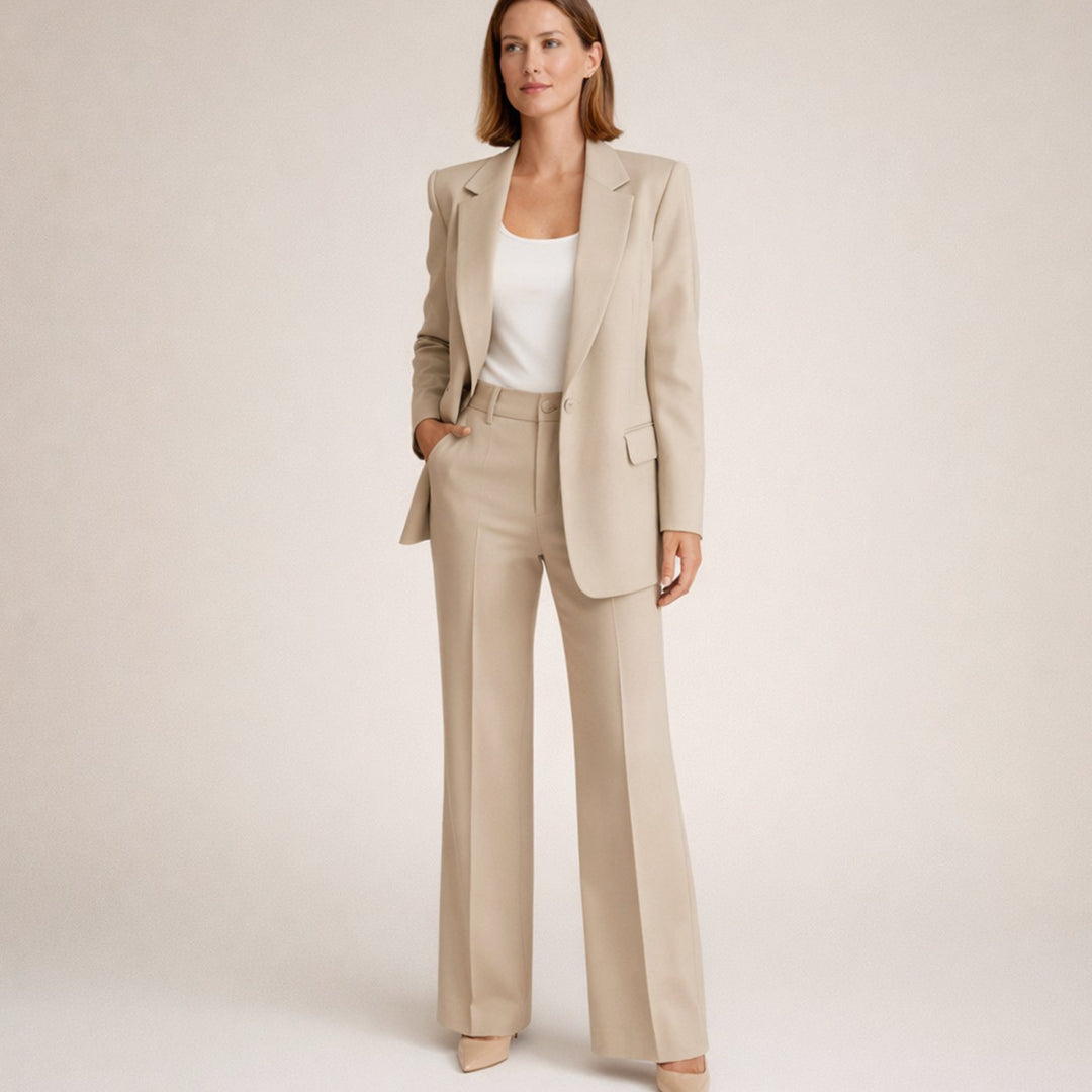 Women's Tailored Wide-Leg Flare Two-Piece Blazer Pants Suit - Beige