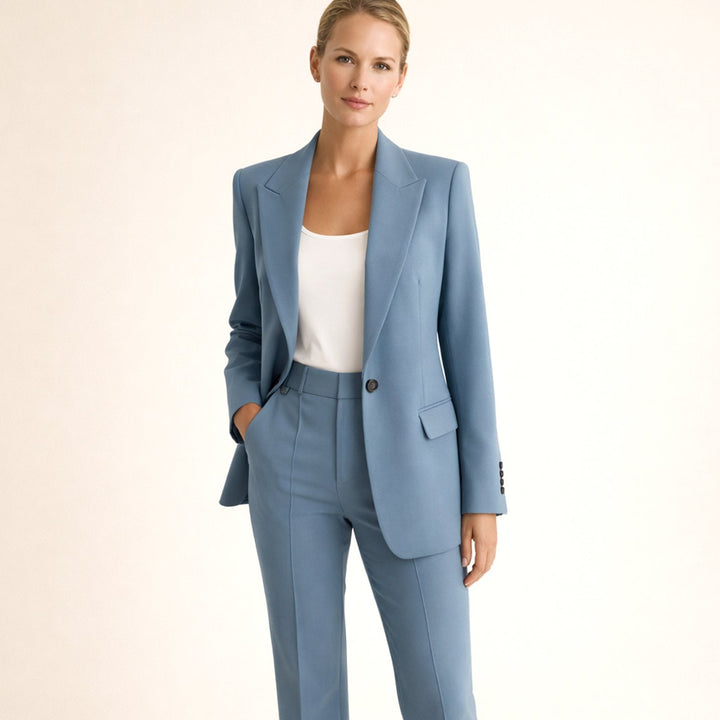 Women's Tailored Wide-Leg Flare Two-Piece Blazer Pants Suit - Navy Blue