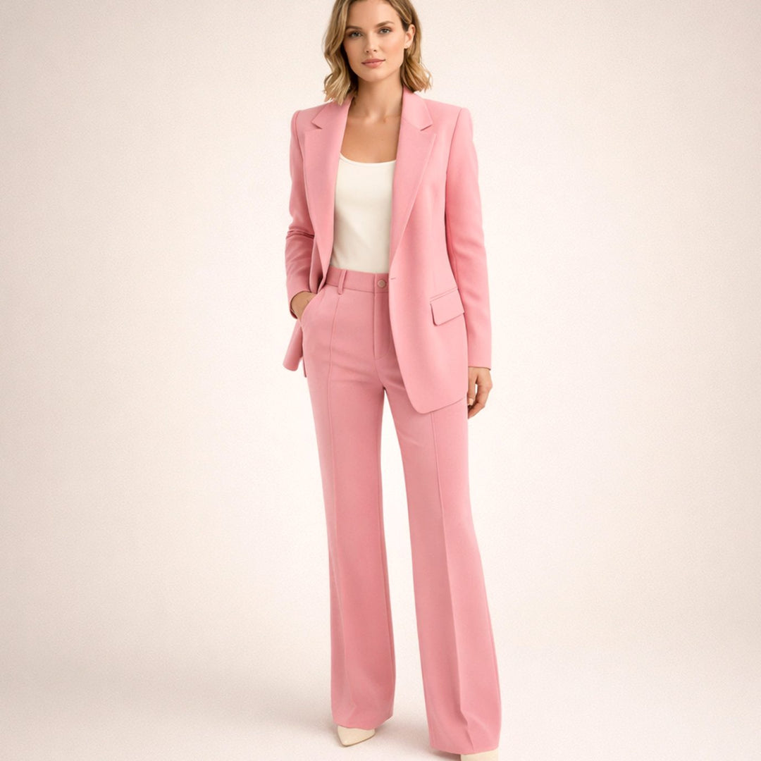 Women's Tailored Wide-Leg Flare Two-Piece Blazer Pants Suit - Pink