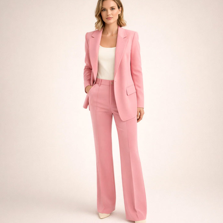 Women's Tailored Wide-Leg Flare Two-Piece Blazer Pants Suit - Pink