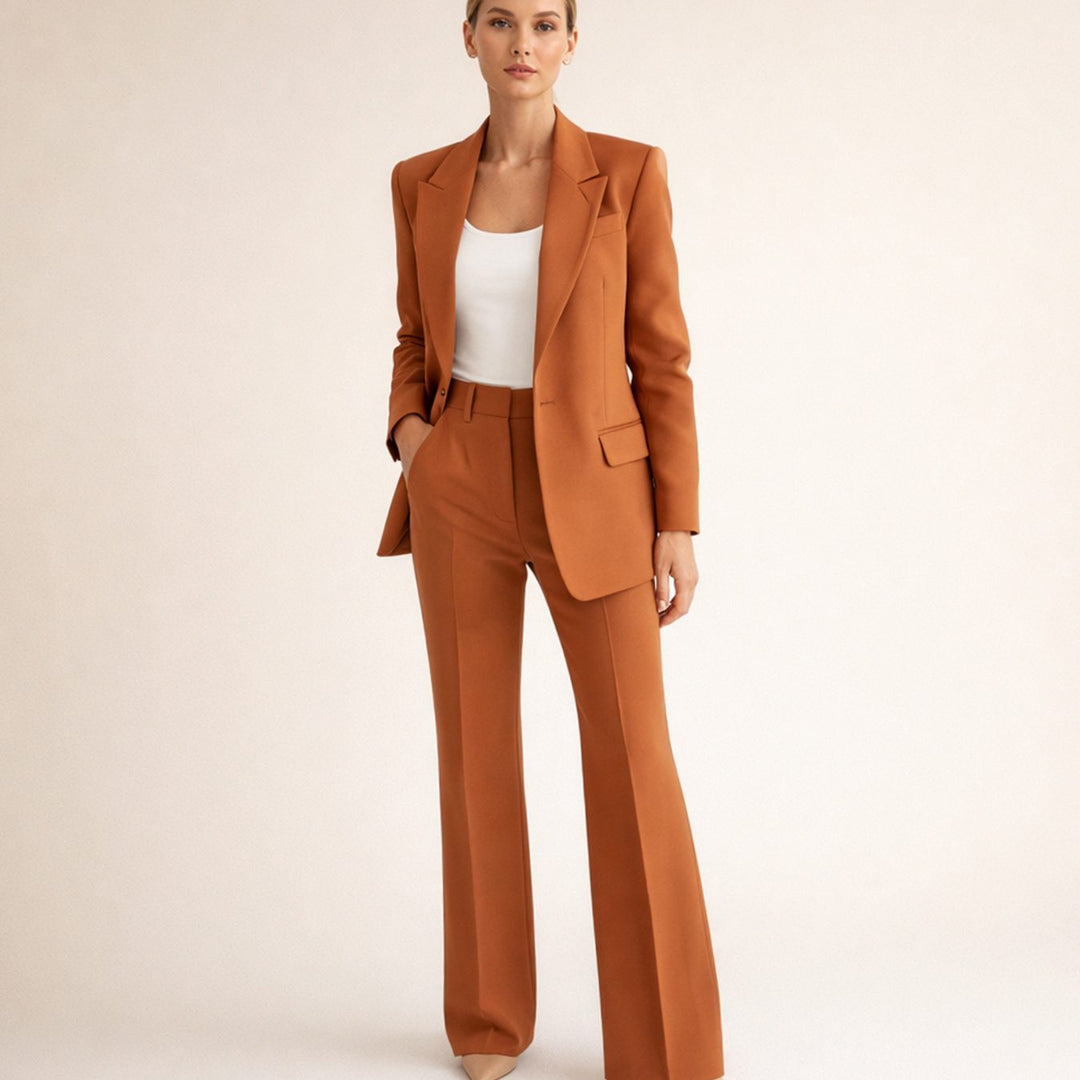 Women's Tailored Wide-Leg Flare Two-Piece Blazer Pants Suit - Brown