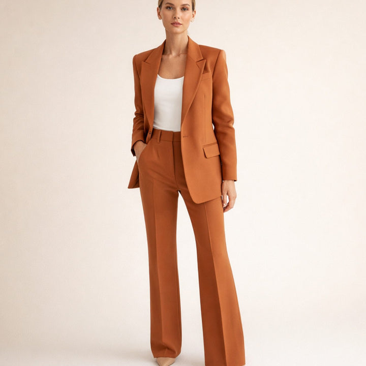 Women's Tailored Wide-Leg Flare Two-Piece Blazer Pants Suit - Brown