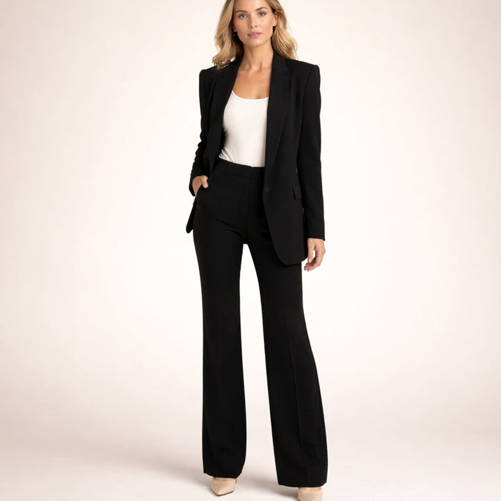 Women's Tailored Wide-Leg Flare Two-Piece Blazer Pants Suit - Black