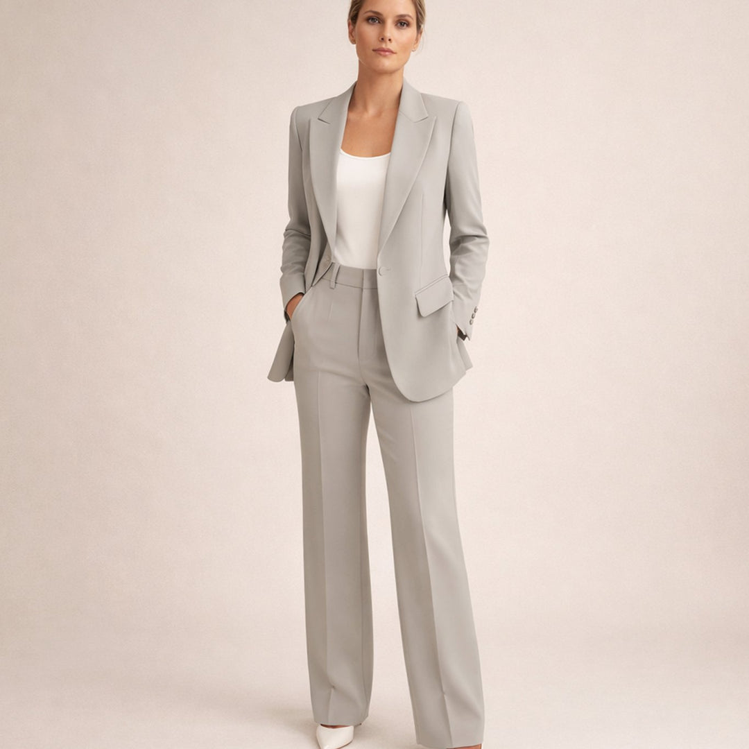 Women's Tailored Wide-Leg Flare Two-Piece Blazer Pants Suit - Gray