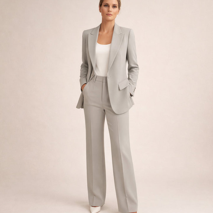 Women's Tailored Wide-Leg Flare Two-Piece Blazer Pants Suit - Gray