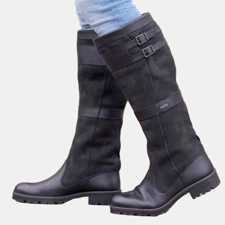 Women's Tall Buckle-Strap Knee High Boots - Black