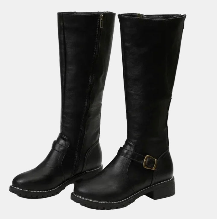 Women's Tall Buckle-Strap Riding Knee High Boots - Black