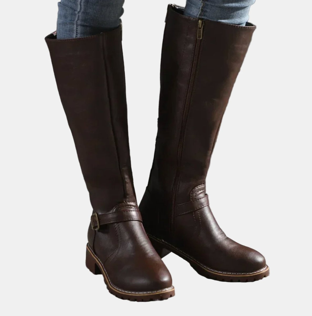 Women's Tall Buckle-Strap Riding Knee High Boots - Dark Brown