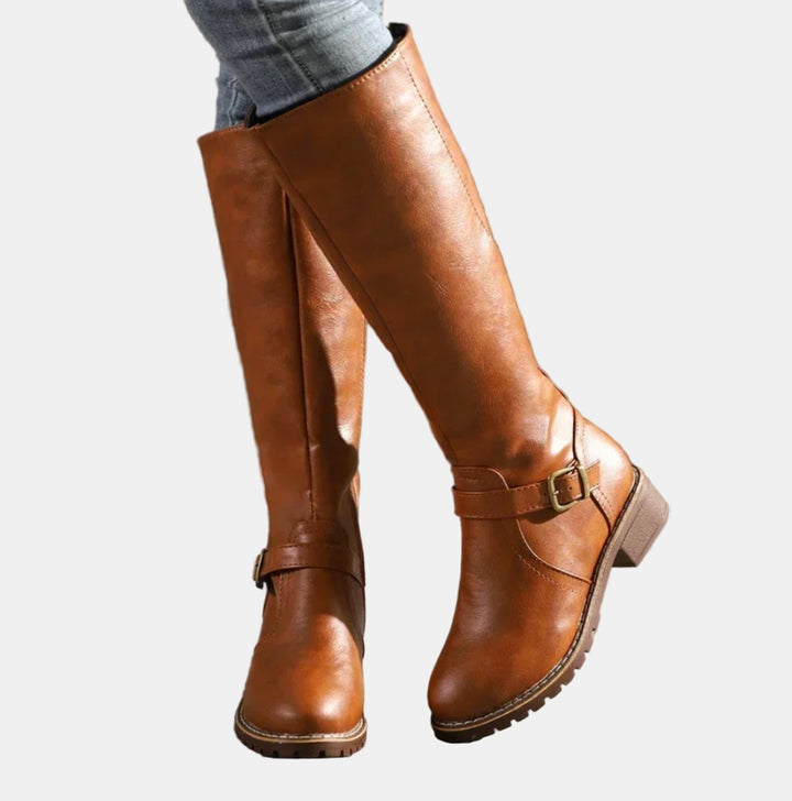 Women's Tall Buckle-Strap Riding Knee High Boots - Brown