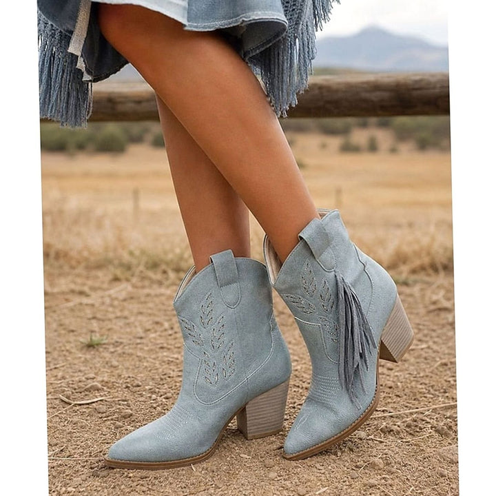 Women's Tasseled Western Ankle Boots Block Heel Pointed Toe