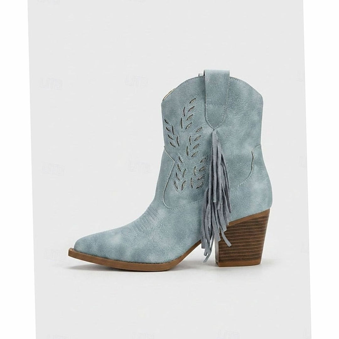 Women's Tasseled Western Ankle Boots Block Heel Pointed Toe