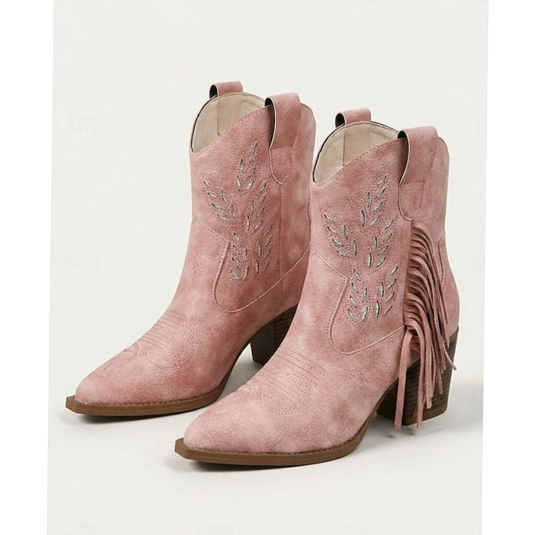 Women's Tasseled Western Ankle Boots Block Heel Pointed Toe - Pink
