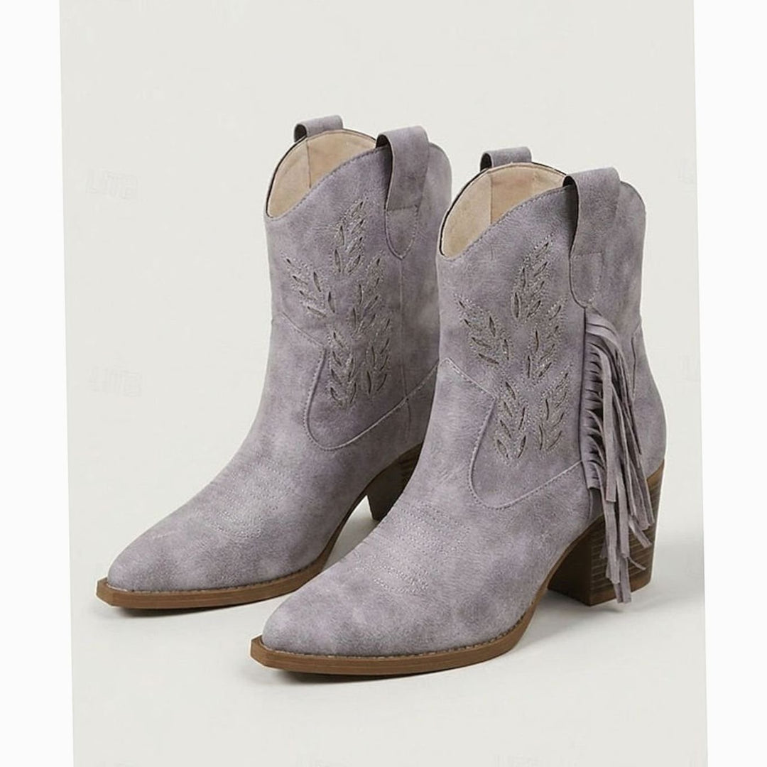 Women's Tasseled Western Ankle Boots Block Heel Pointed Toe - Purple