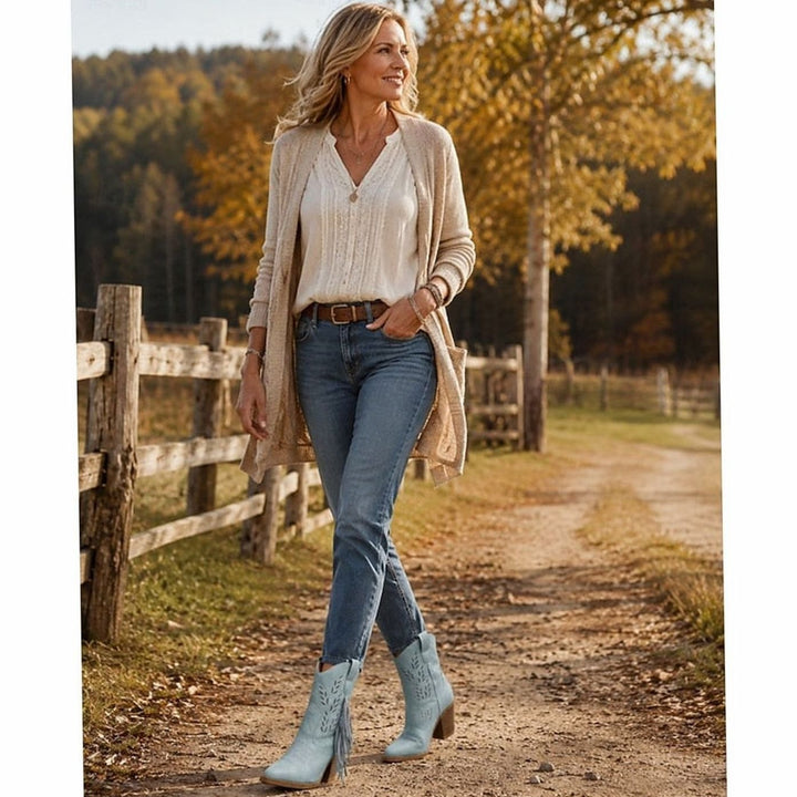 Women's Tasseled Western Ankle Boots Block Heel Pointed Toe