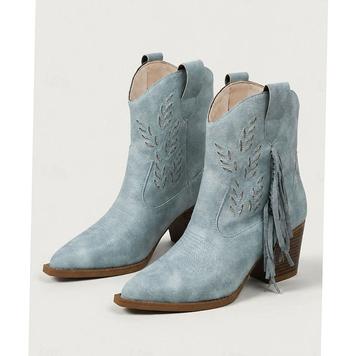 Women's Tasseled Western Ankle Boots Block Heel Pointed Toe - Blue