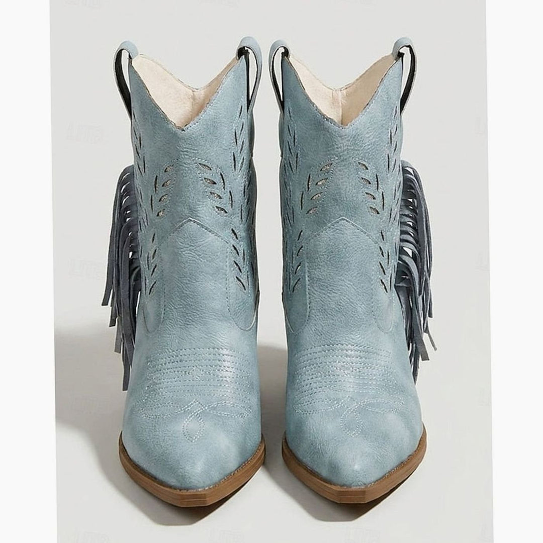 Women's Tasseled Western Ankle Boots Block Heel Pointed Toe