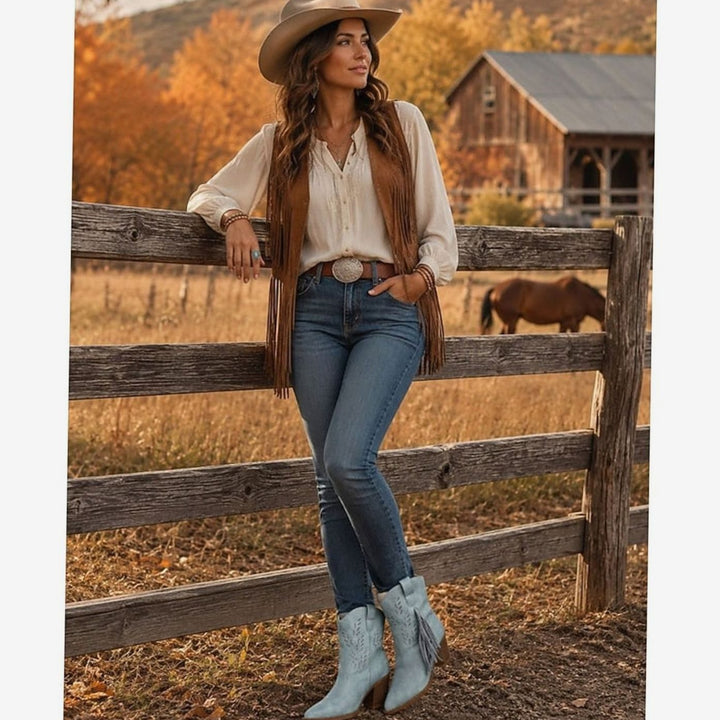 Women's Tasseled Western Ankle Boots Block Heel Pointed Toe