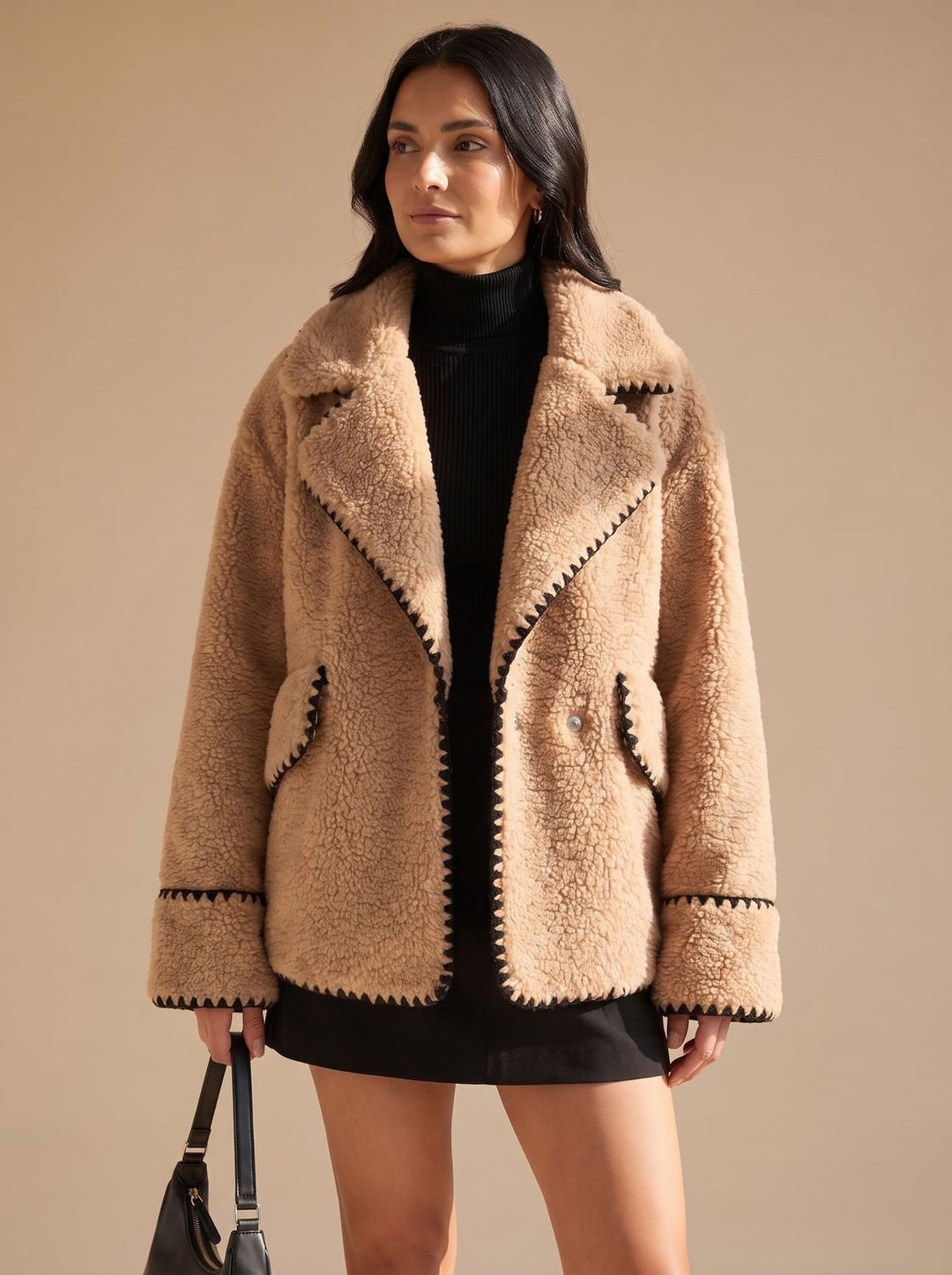 Women's Teddy Fleece Faux Fur Coat Black-Trim Notch-Collar Jacket, Camel