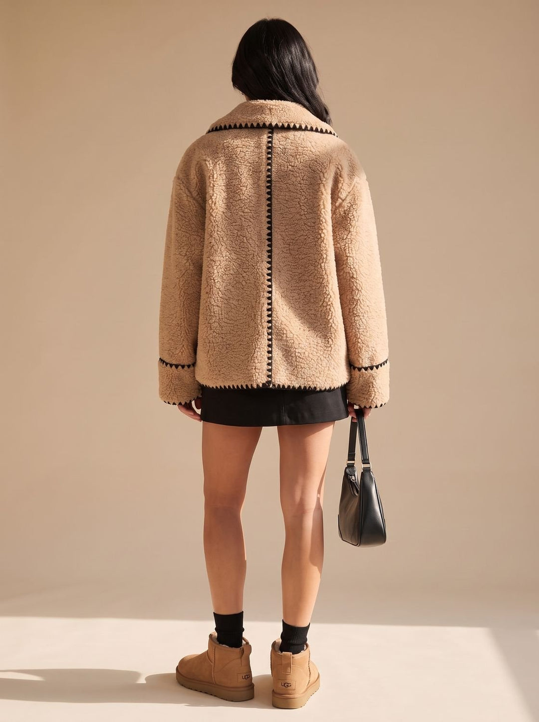 Women's Teddy Fleece Faux Fur Coat Black-Trim Notch-Collar Jacket, Camel