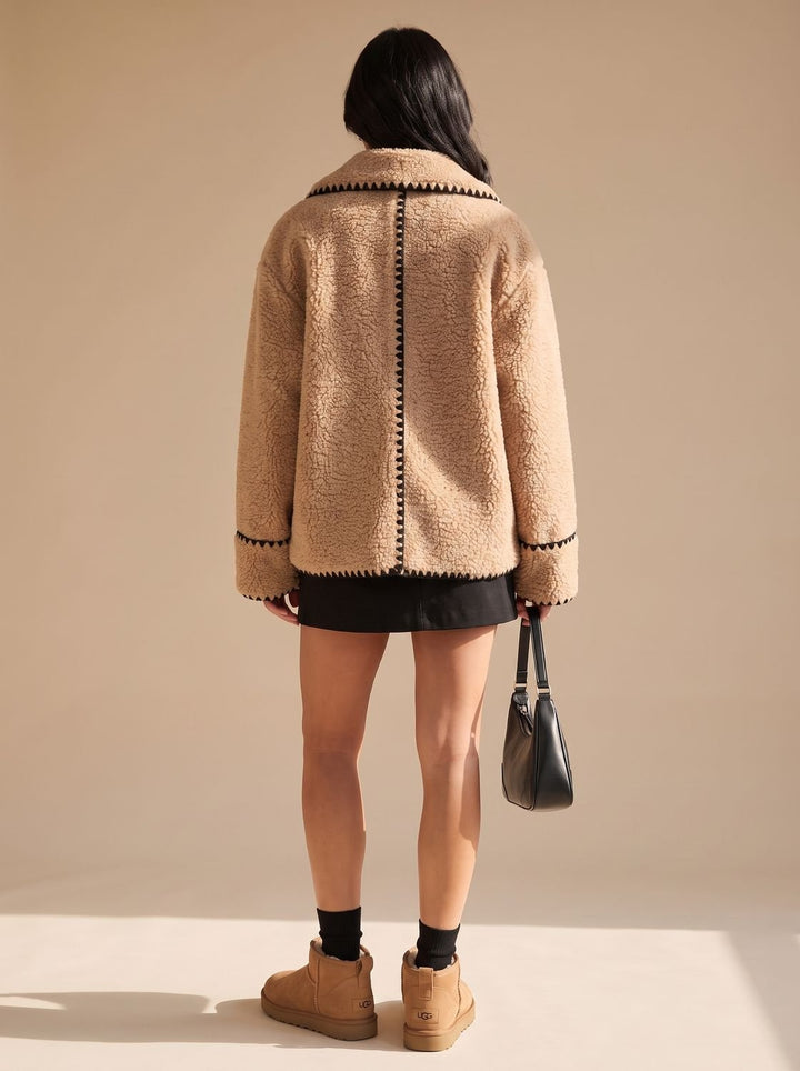 Women's Teddy Fleece Faux Fur Coat Black-Trim Notch-Collar Jacket, Camel
