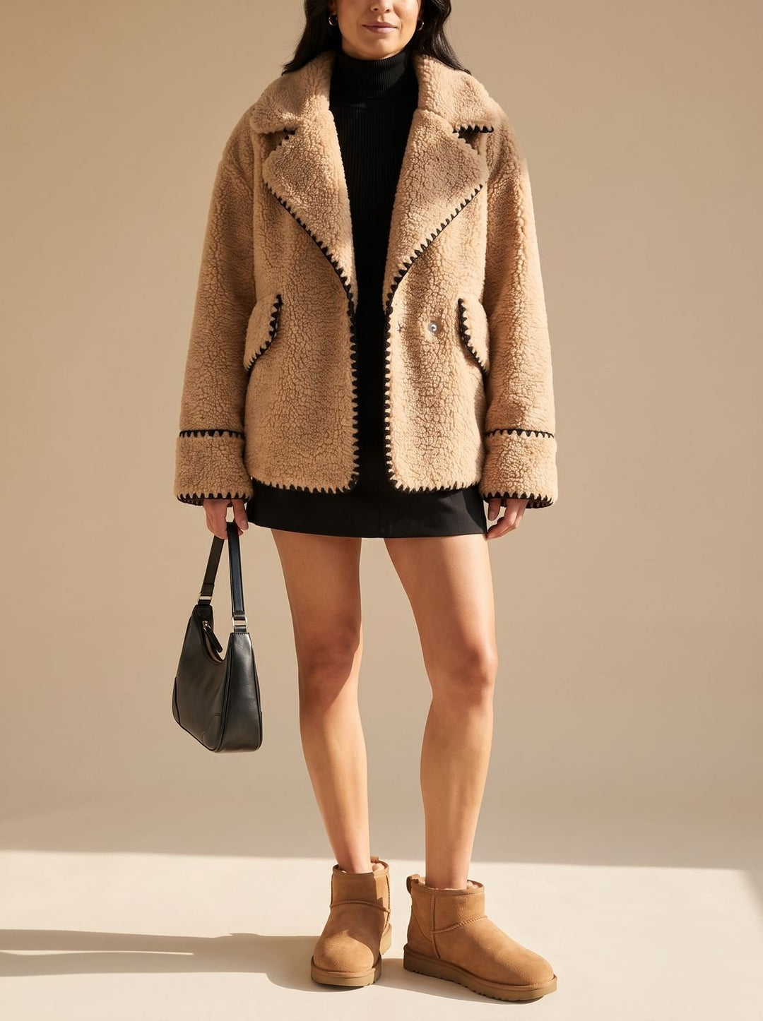 Women's Teddy Fleece Faux Fur Coat Black-Trim Notch-Collar Jacket, Camel