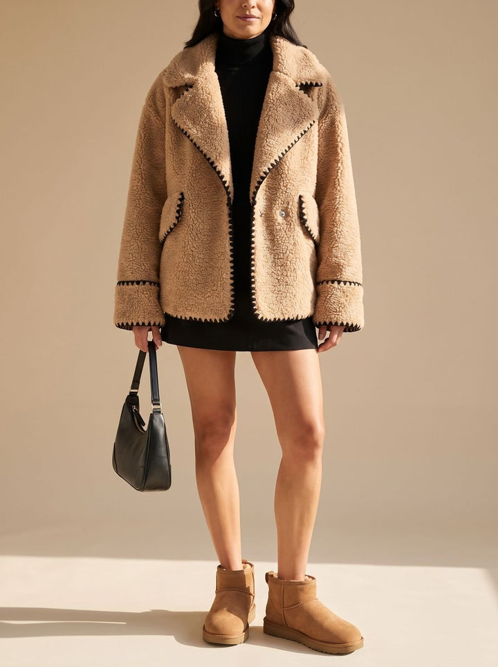 Women's Teddy Fleece Faux Fur Coat Black-Trim Notch-Collar Jacket, Camel