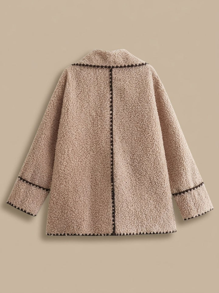 Women's Teddy Fleece Faux Fur Coat Black-Trim Notch-Collar Jacket, Camel