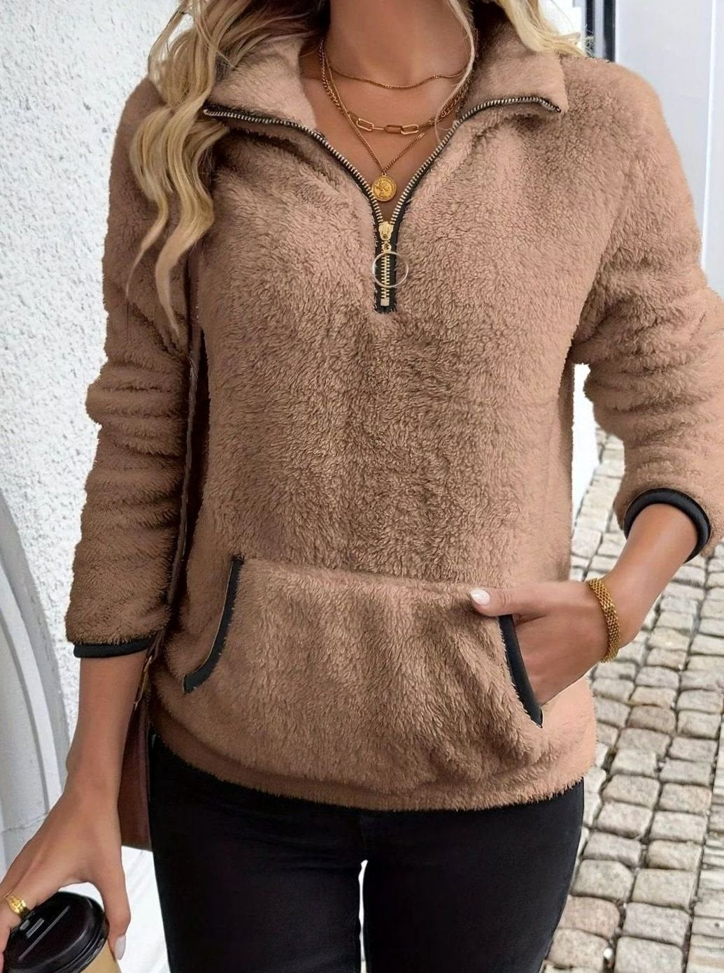 Women's Teddy Fleece Half-Zip Kangaroo Pocket Pullover Sweater - Brown