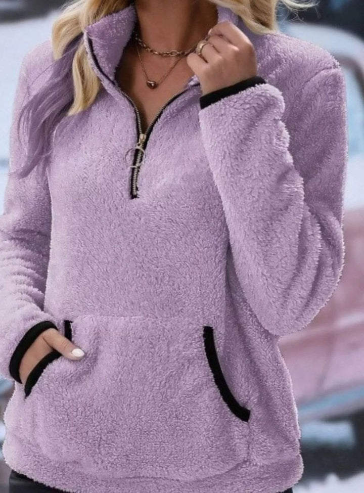 Women's Teddy Fleece Half-Zip Kangaroo Pocket Pullover Sweater - Purple