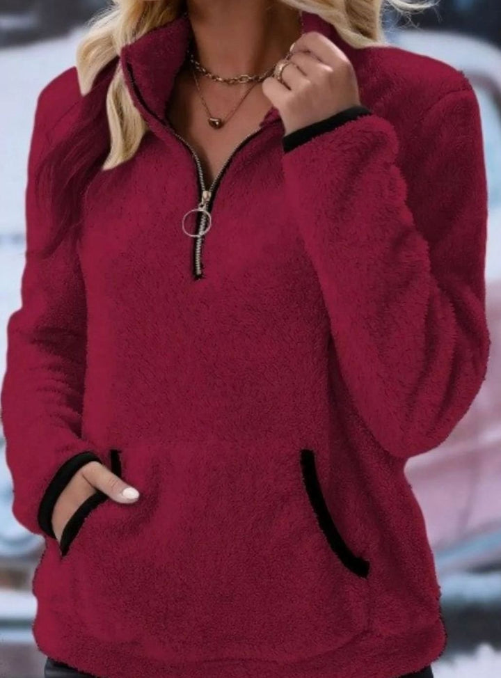 Women's Teddy Fleece Half-Zip Kangaroo Pocket Pullover Sweater - Wine Red
