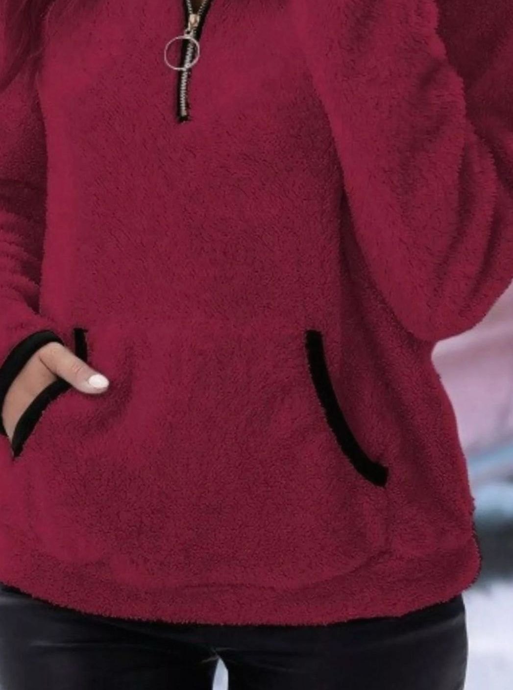 Women's Teddy Fleece Half-Zip Kangaroo Pocket Pullover Sweater