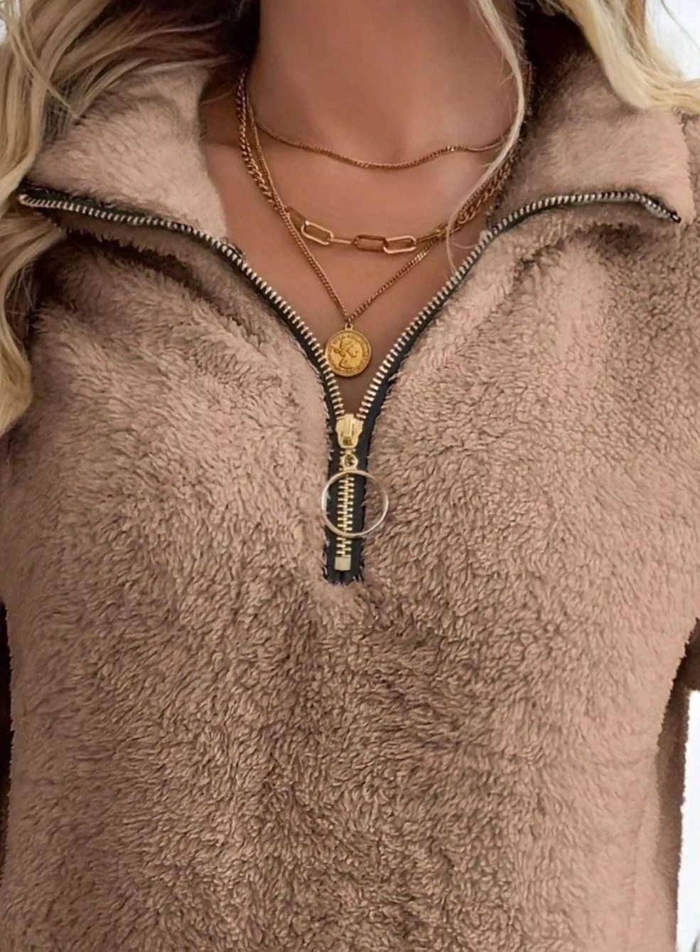 Women's Teddy Fleece Half-Zip Kangaroo Pocket Pullover Sweater