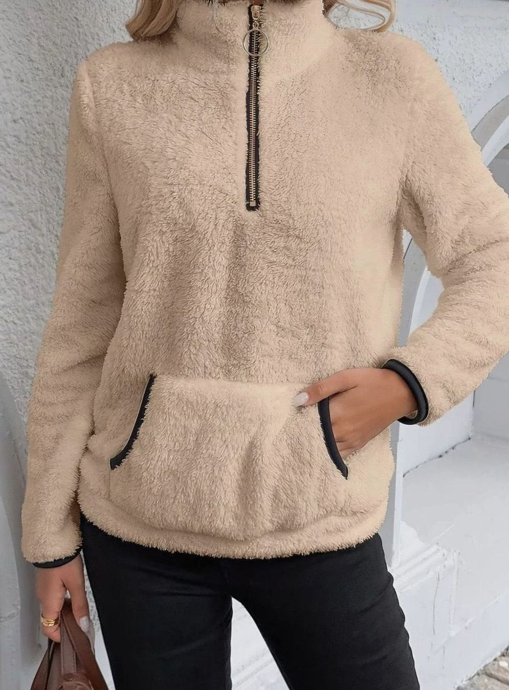 Women's Teddy Fleece Half-Zip Kangaroo Pocket Pullover Sweater - Khaki