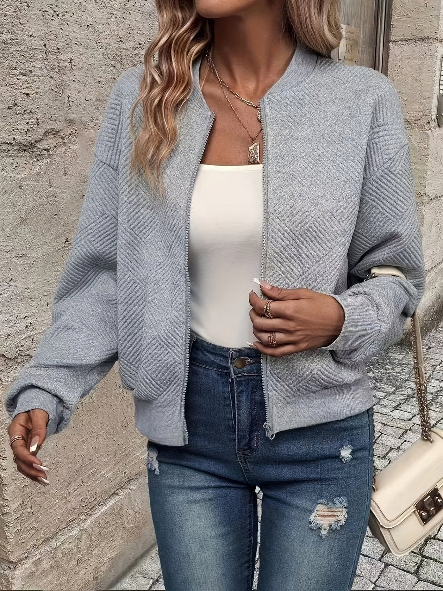 Women's Textured Zip-Up Quilted Jacket Cropped Bomber - Gray