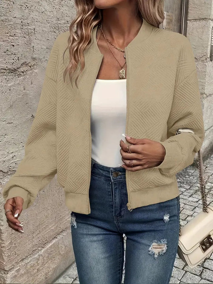 Women's Textured Zip-Up Quilted Jacket Cropped Bomber - Khaki