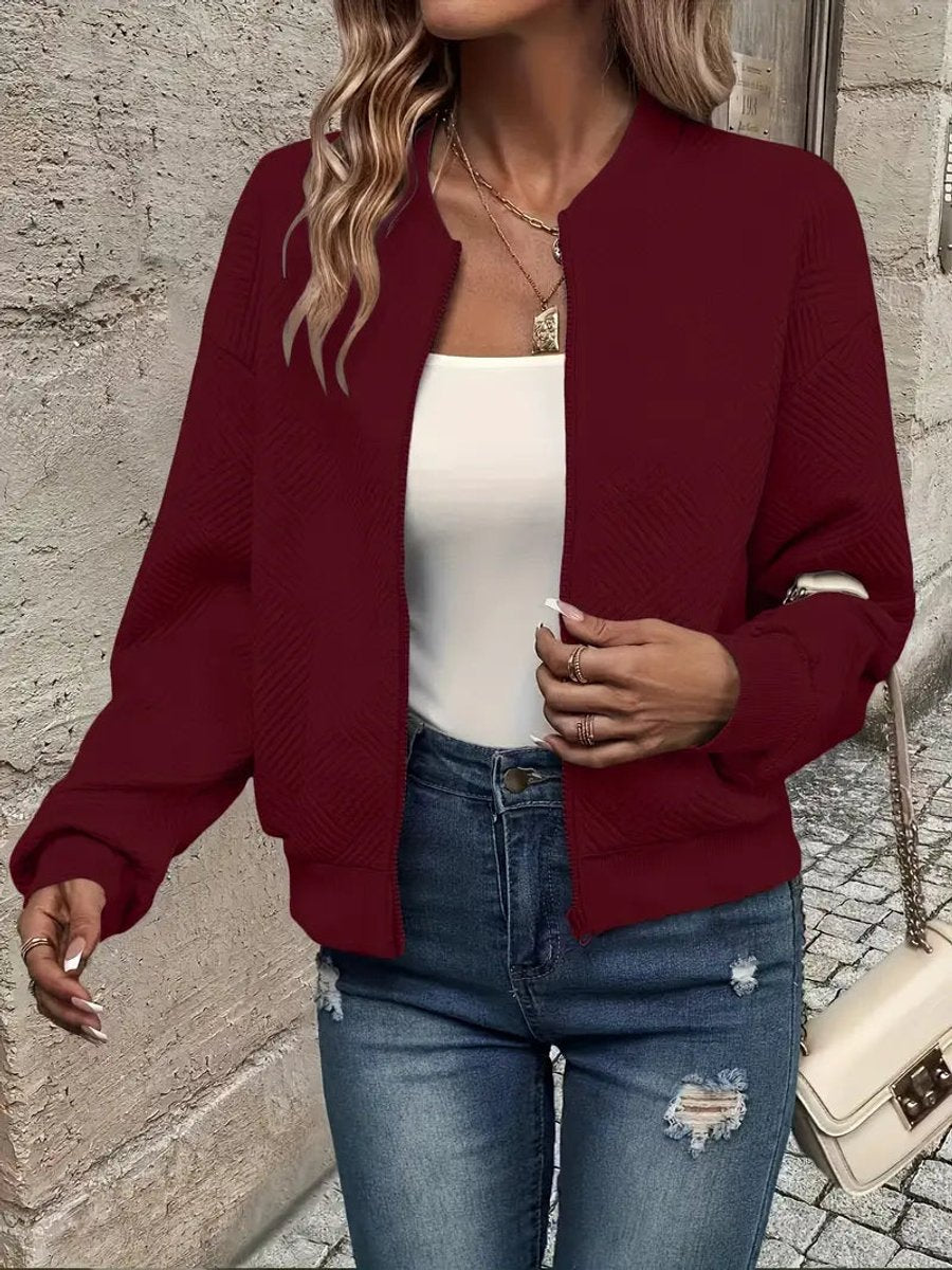 Women's Textured Zip-Up Quilted Jacket Cropped Bomber - Dark Red