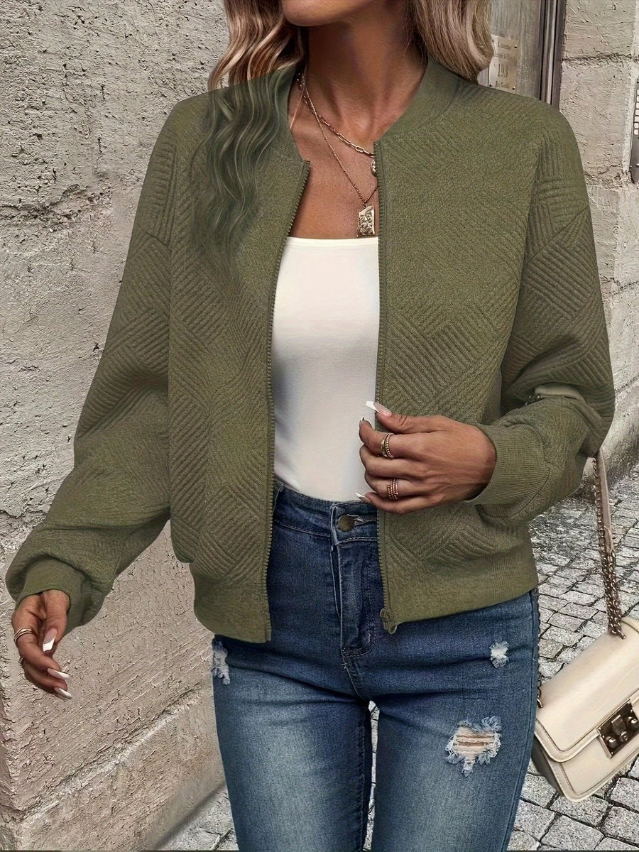 Women's Textured Zip-Up Quilted Jacket Cropped Bomber - Olive Green