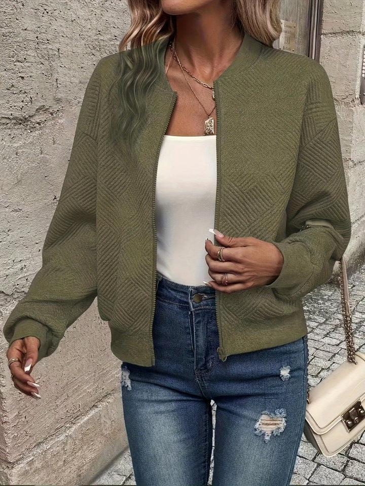 Women's Textured Zip-Up Quilted Jacket Cropped Bomber - Olive Green