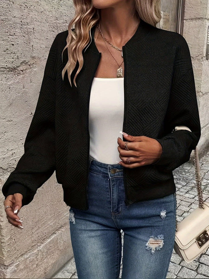 Women's Textured Zip-Up Quilted Jacket Cropped Bomber - Black