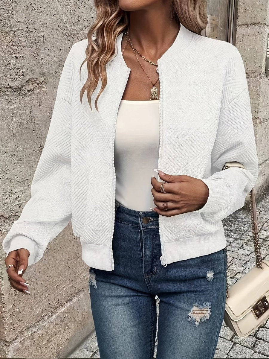 Women's Textured Zip-Up Quilted Jacket Cropped Bomber - White
