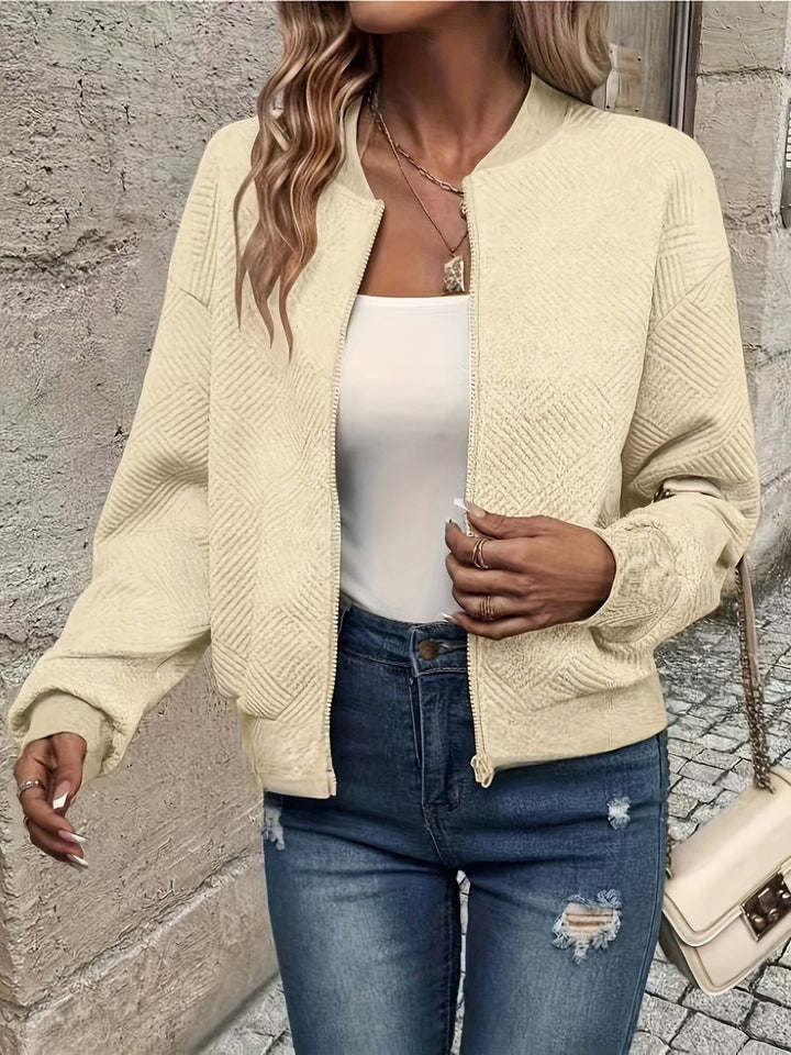 Women's Textured Zip-Up Quilted Jacket Cropped Bomber - Apricot