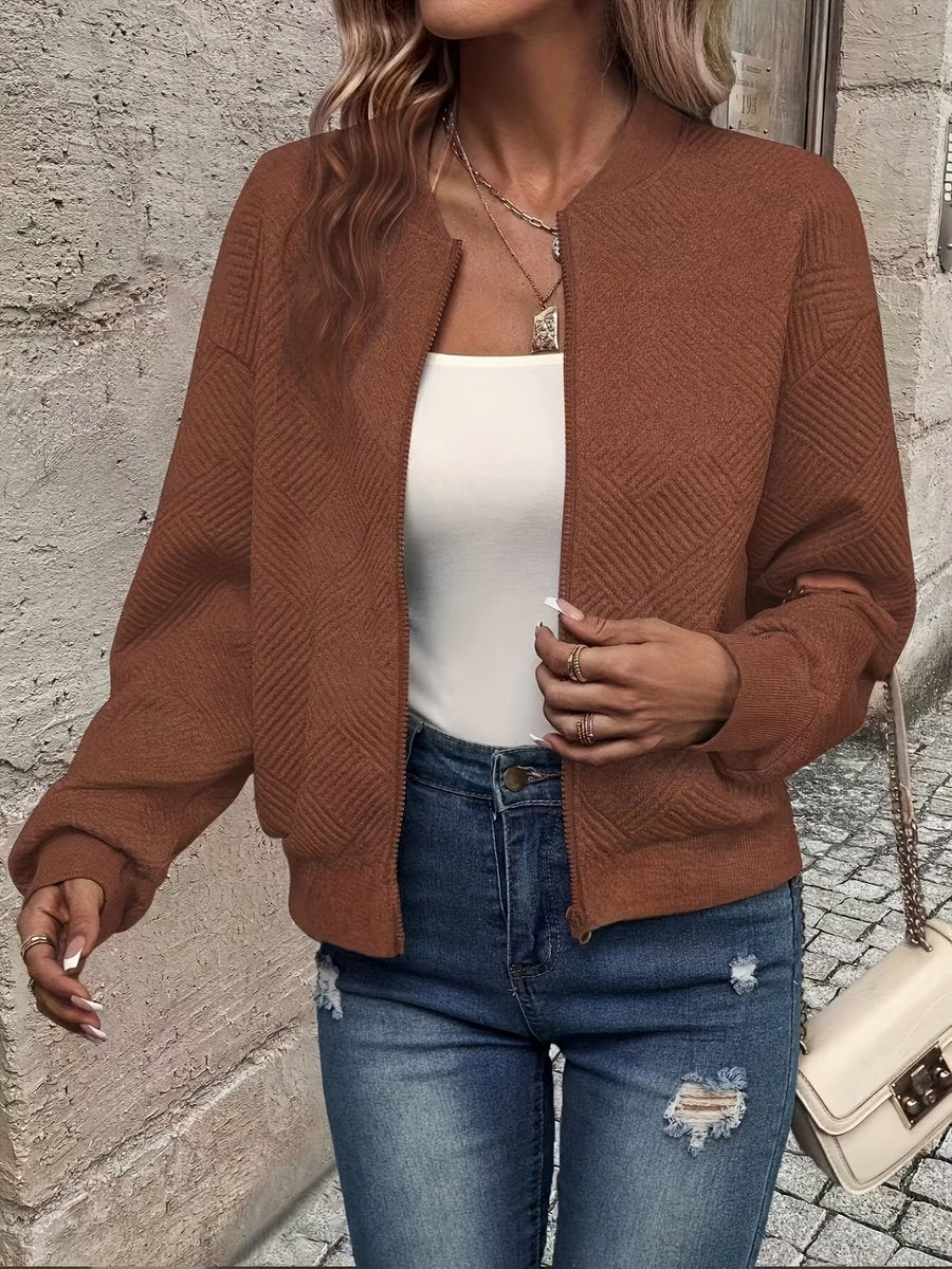 Women's Textured Zip-Up Quilted Jacket Cropped Bomber - Dark Brown