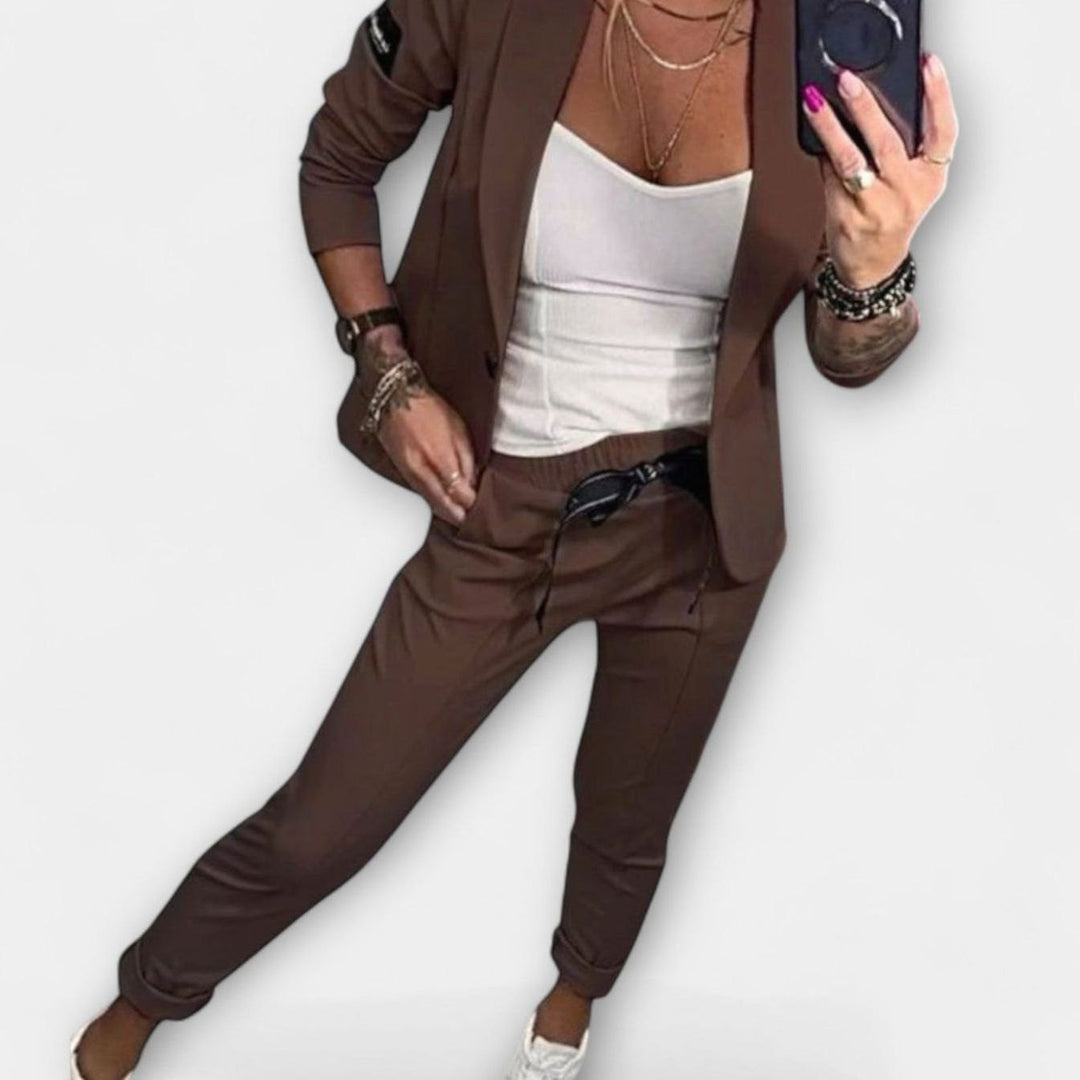 Women's Three-Piece Winter Coat Blazer Jogger Set - Brown