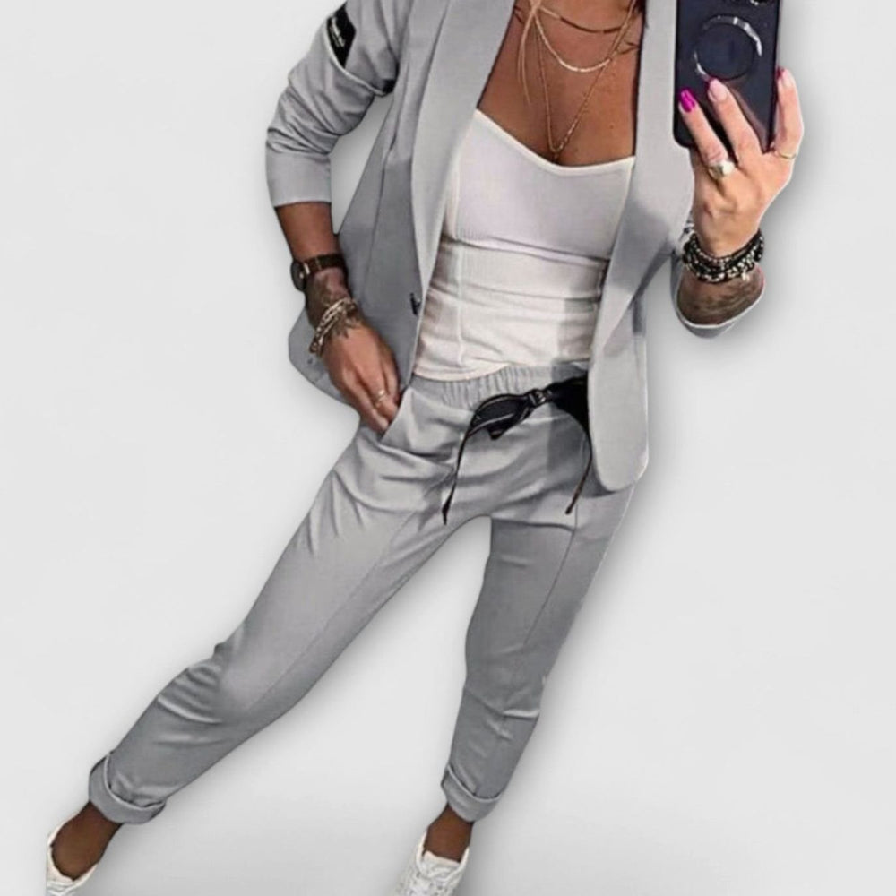 Women's Three-Piece Winter Coat Blazer Jogger Set - Gray