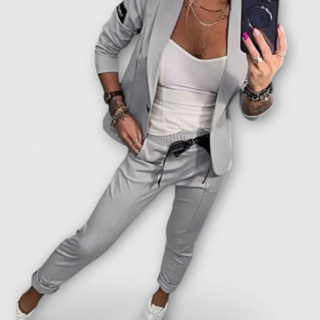 Women's Three-Piece Winter Coat Blazer Jogger Set - Gray