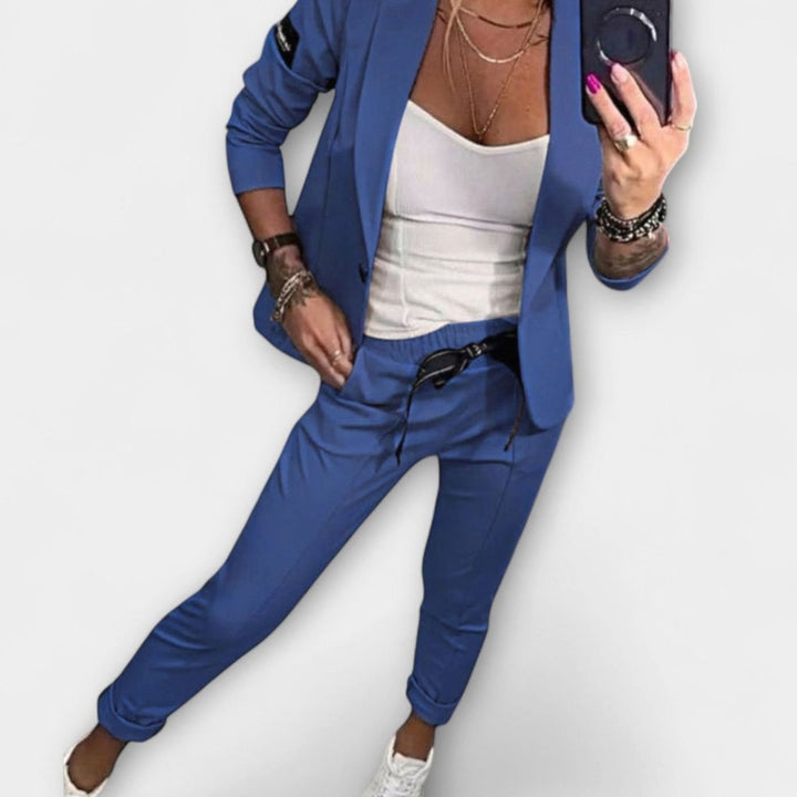 Women's Three-Piece Winter Coat Blazer Jogger Set - Blue