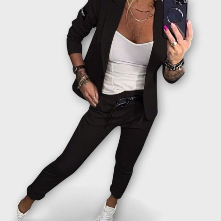Women's Three-Piece Winter Coat Blazer Jogger Set - Black